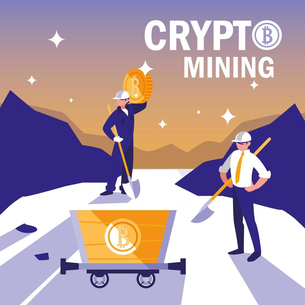 team worker crypto mining bitcoin vettore