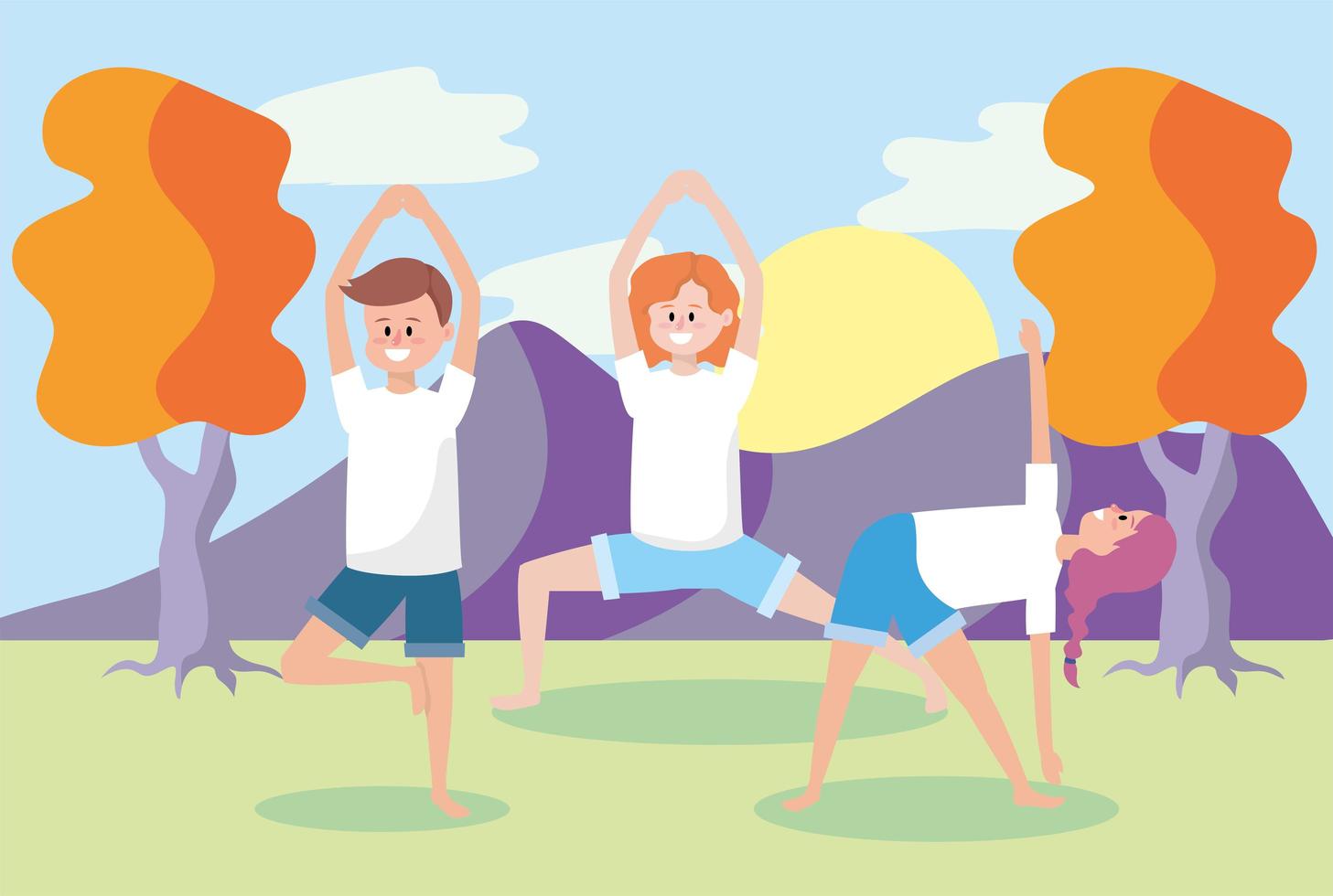 giovani che fanno yoga all'aperto vettore