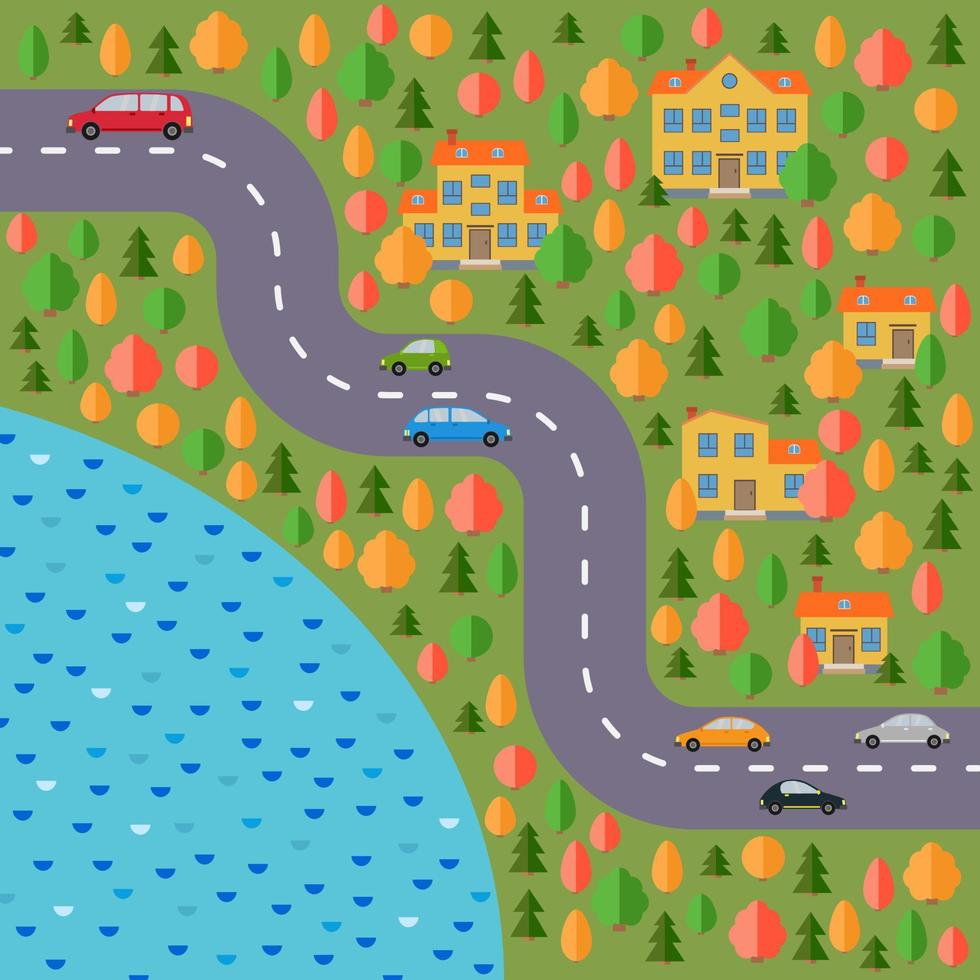 Piano di villaggio. paesaggio con il strada, foresta, lago, macchine e case. vettore illustrazione