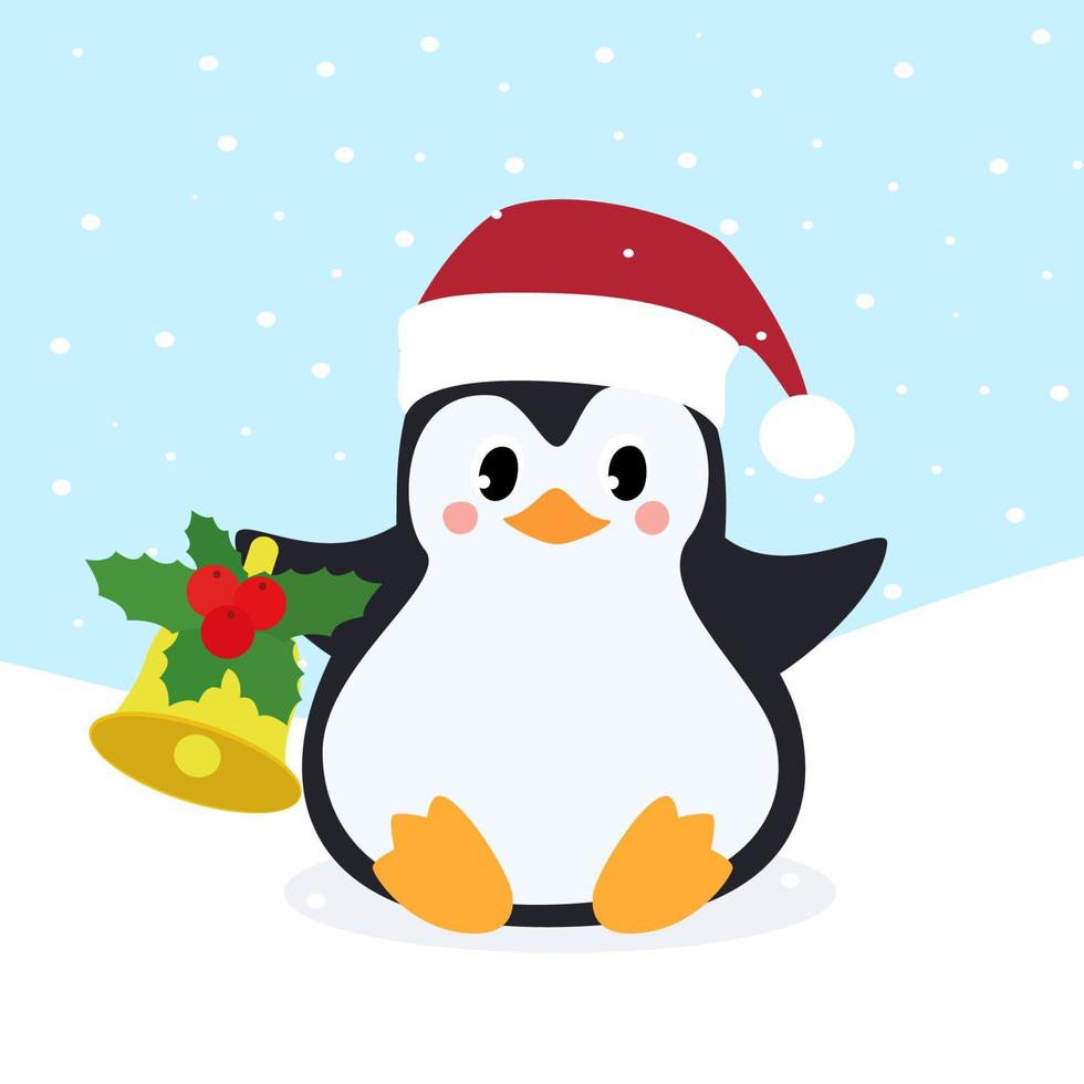 pinguino nel Santa Claus rosso Natale cappello con Natale campana. inverno sfondo. vettore illustrazione.