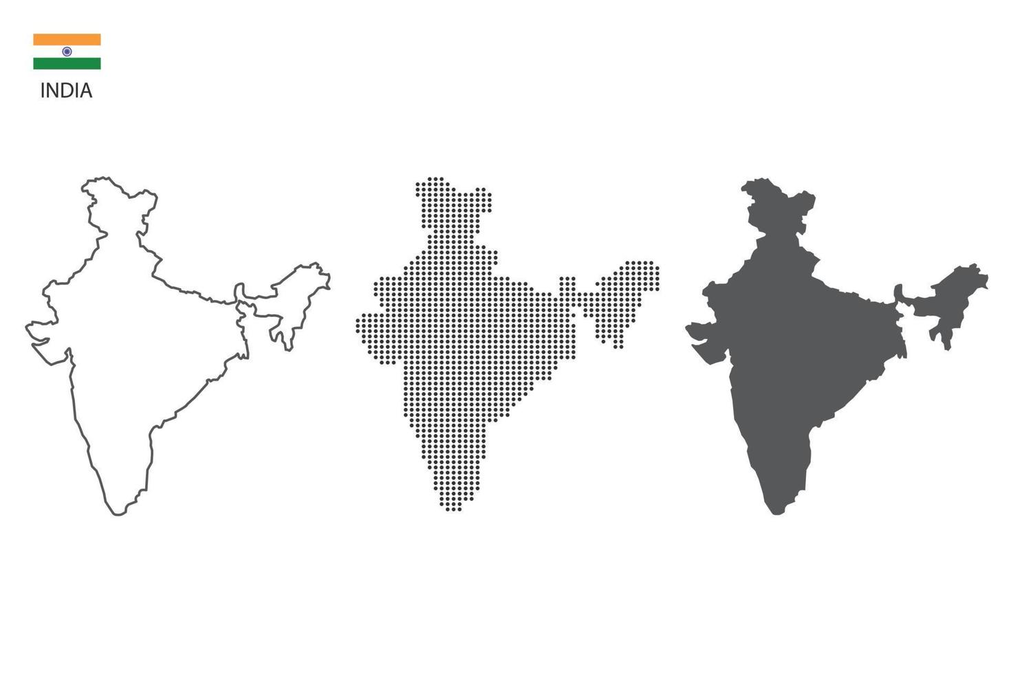 3 versioni di India carta geografica città vettore di magro nero schema semplicità stile, nero punto stile e buio ombra stile. tutti nel il bianca sfondo.