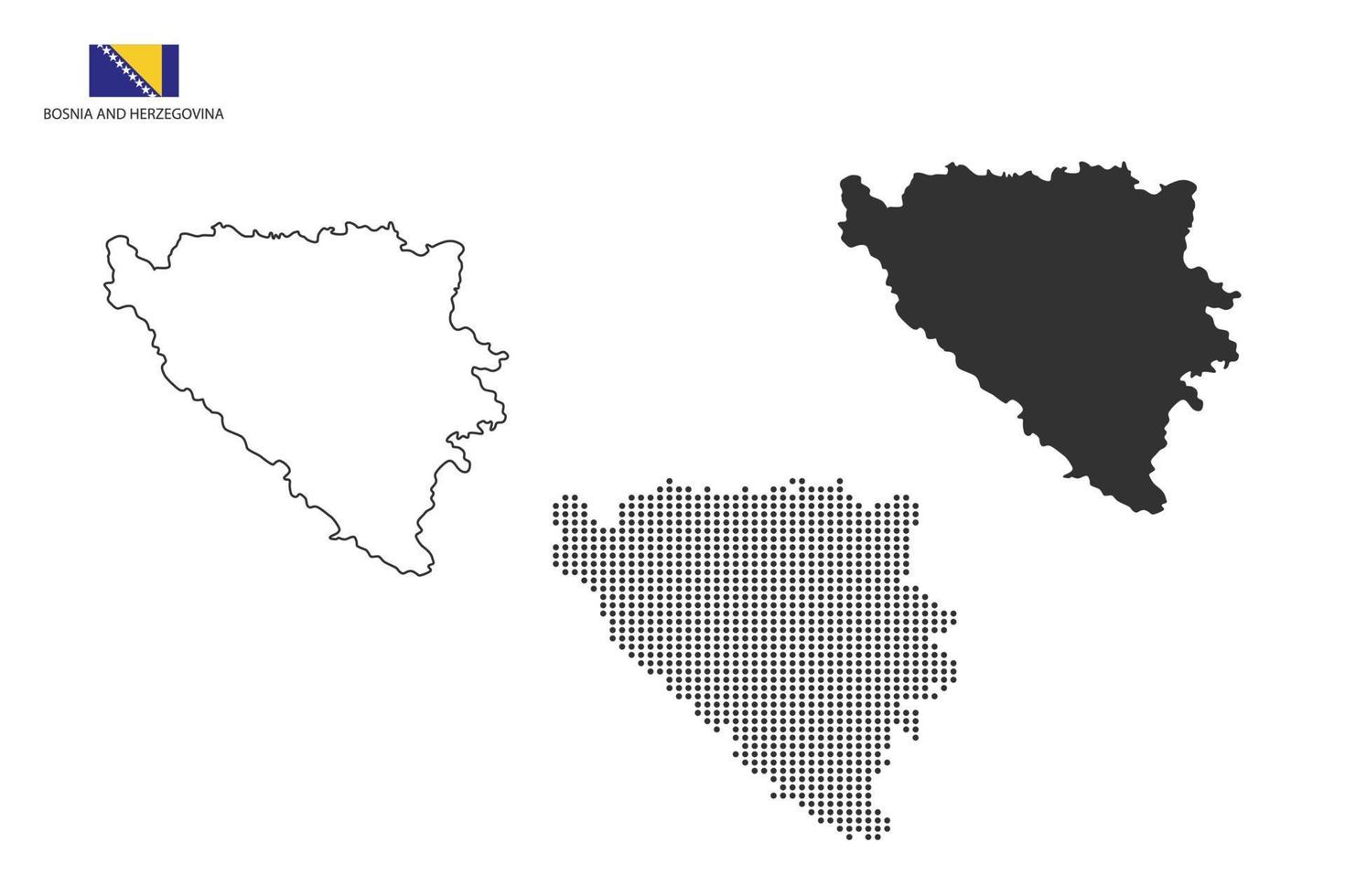 3 versioni di bosnia e erzegovina carta geografica città vettore di magro nero schema semplicità stile, nero punto stile e buio ombra stile. tutti nel il bianca sfondo.