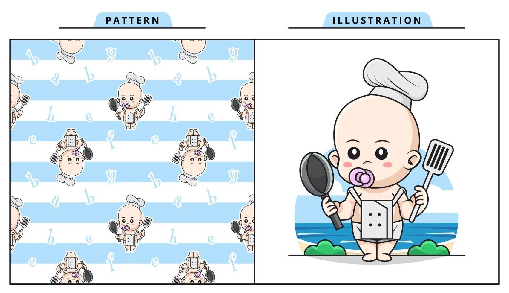 illustrazione vettore grafico di carino bambino indossare capocuoco costume, portare un' spatola e un' frittura padella con decorativo senza soluzione di continuità modello