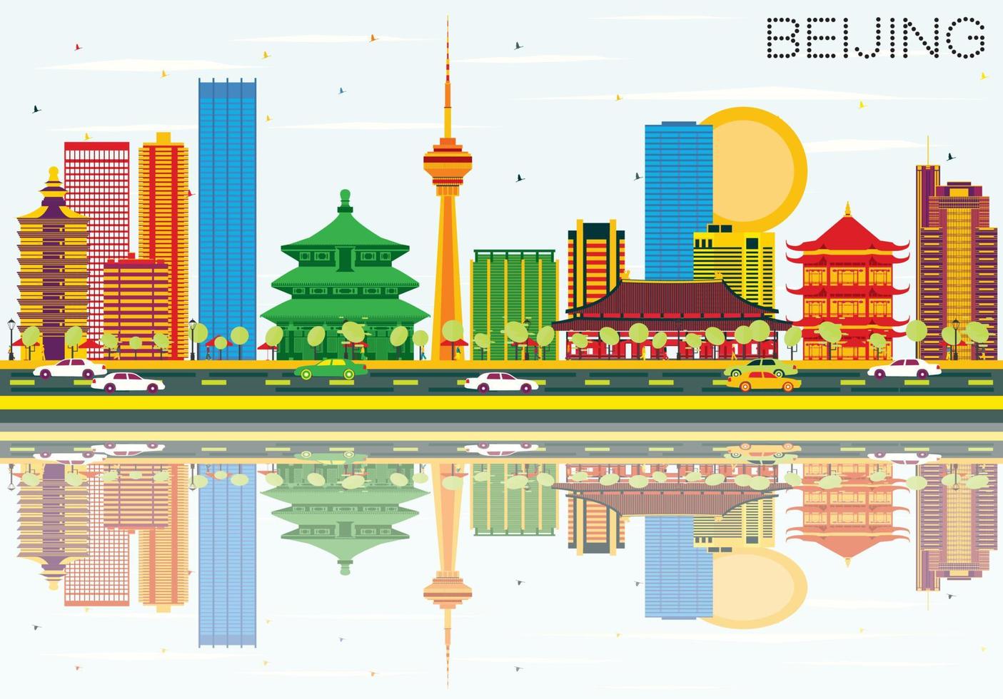 Pechino orizzonte con colore edifici, blu cielo e riflessi. vettore