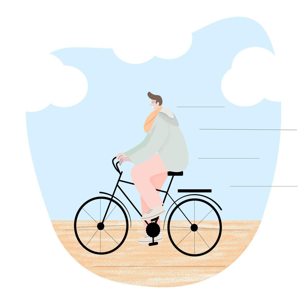 giovane moderno uomo equitazione bicicletta. colorato piatto vettore illustrazione