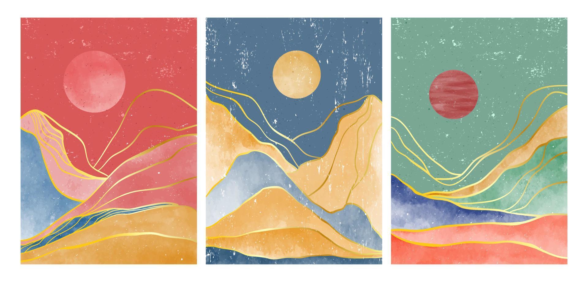 set di paesaggio di montagna con pennello ad acquerello e line art. paesaggi di sfondi estetici contemporanei di montagna astratta. illustrazioni vettoriali