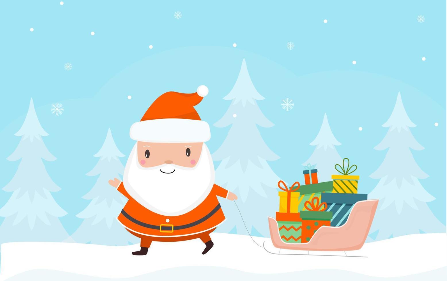 Santa Claus è carring slitta pieno di regalo scatole su il terra di inverno foresta. Natale vacanza saluto carta. vettore illustrazione.