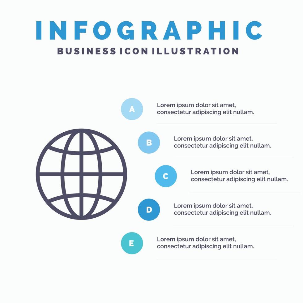 mondo globo Internet design linea icona con 5 passaggi presentazione infografica sfondo vettore