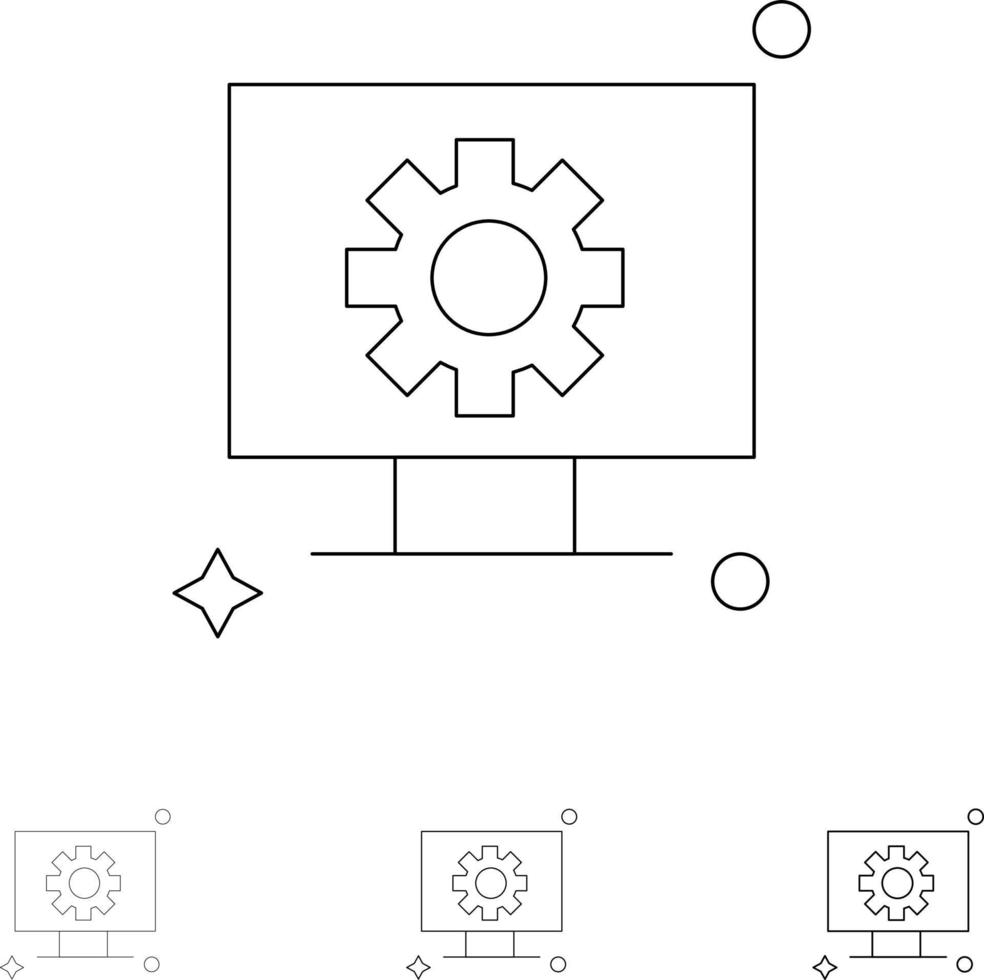 computer hardware ambientazione Ingranaggio grassetto e magro nero linea icona impostato vettore