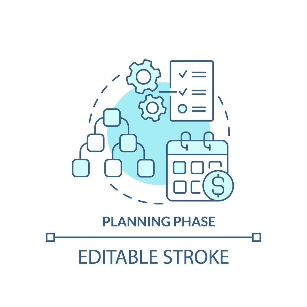 pianificazione fase turchese concetto icona. costruire opera strategia. progetto gestione astratto idea magro linea illustrazione. isolato schema disegno. modificabile ictus. vettore