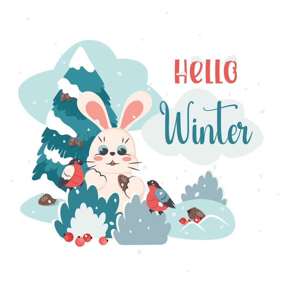 inverno colorato carta con scritta. contento sorridente coniglio con carino uccelli nel nevoso foresta. poco coniglietto ossequi uccellini frutti di bosco, coni di abete rosso. vettore cartone animato illustrazione per Natale vacanza