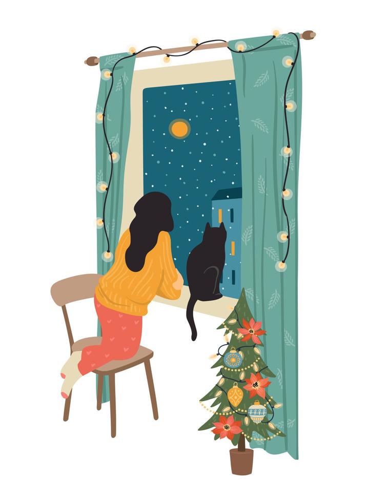 Natale e contento nuovo anno isolato illustrazione. donna guardare su il finestra. vettore design modello.