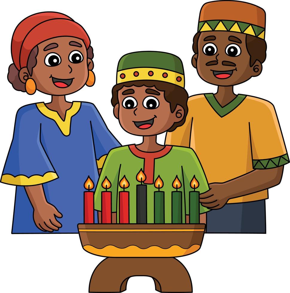 Kwanzaa famiglia e kinara cartone animato colorato clipart vettore