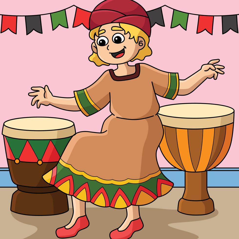 Kwanzaa ragazza giocando djembe colorato cartone animato vettore