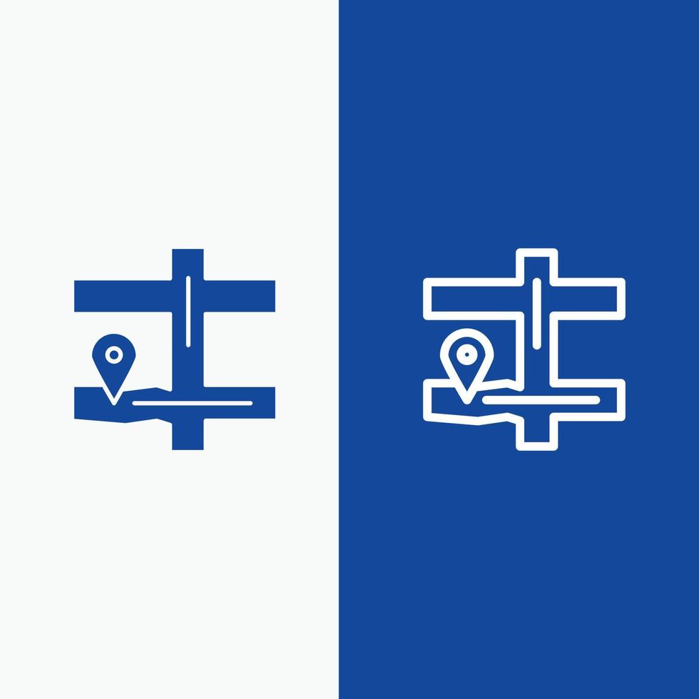carta geografica navigazione perno linea e glifo solido icona blu bandiera linea e glifo solido icona blu bandiera vettore