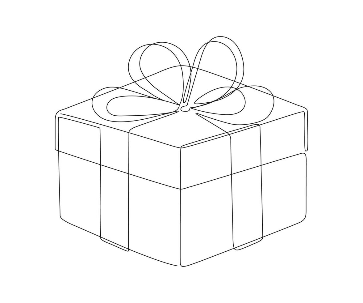 regalo scatola per Natale, compleanno o vacanza, continuo uno arte linea disegno. presente scatola, avvolto pacchetto con nastro arco. sorpresa su festa e celebrazione. vettore schema illustrazione