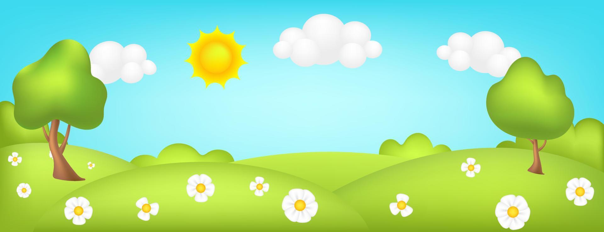 prato panorama 3d vettore illustrazione. luminosa paesaggio di verde valle bambini sfondo. colorato carino scenario con primavera verde erba, alberi, fiori, blu cielo, sole, nuvole per figli di siti.