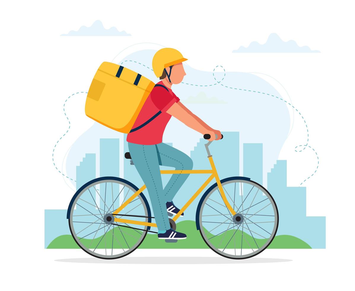 carattere maschio del corriere in bicicletta con scatola di consegna vettore