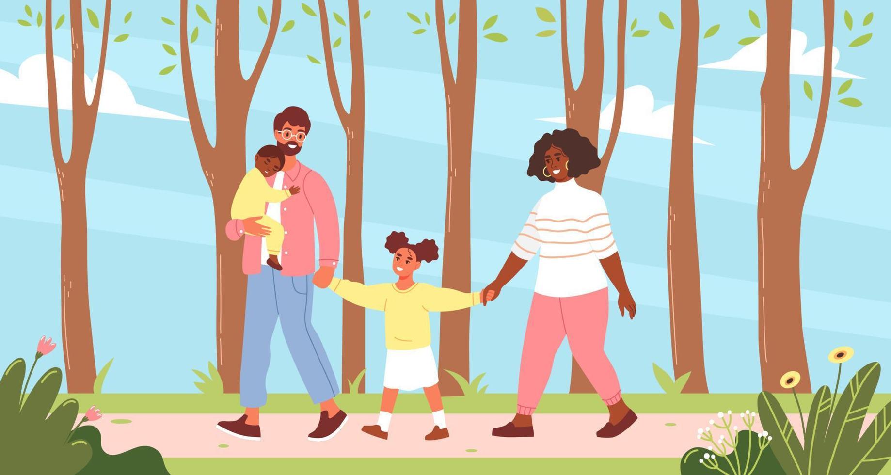 contento famiglia passeggiate nel il parco. genitori e bambini la spesa tempo insieme. piatto vettore illustrazione.