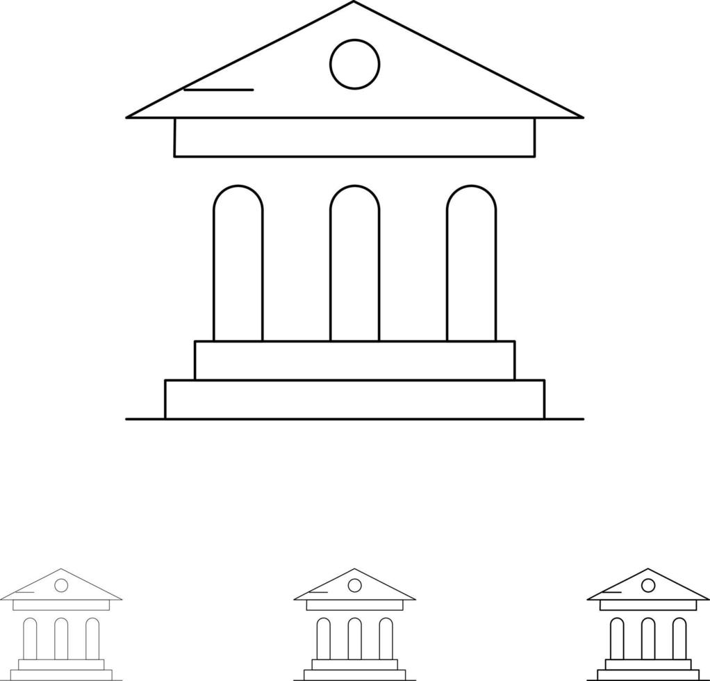 Università banca città universitaria Tribunale grassetto e magro nero linea icona impostato vettore