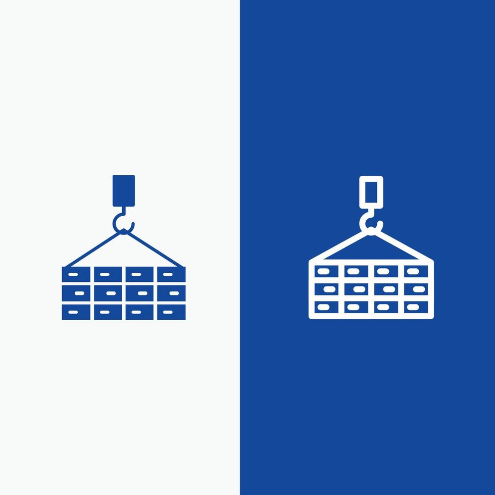 edificio carico costruzione gru linea e glifo solido icona blu bandiera linea e glifo solido icona bl vettore