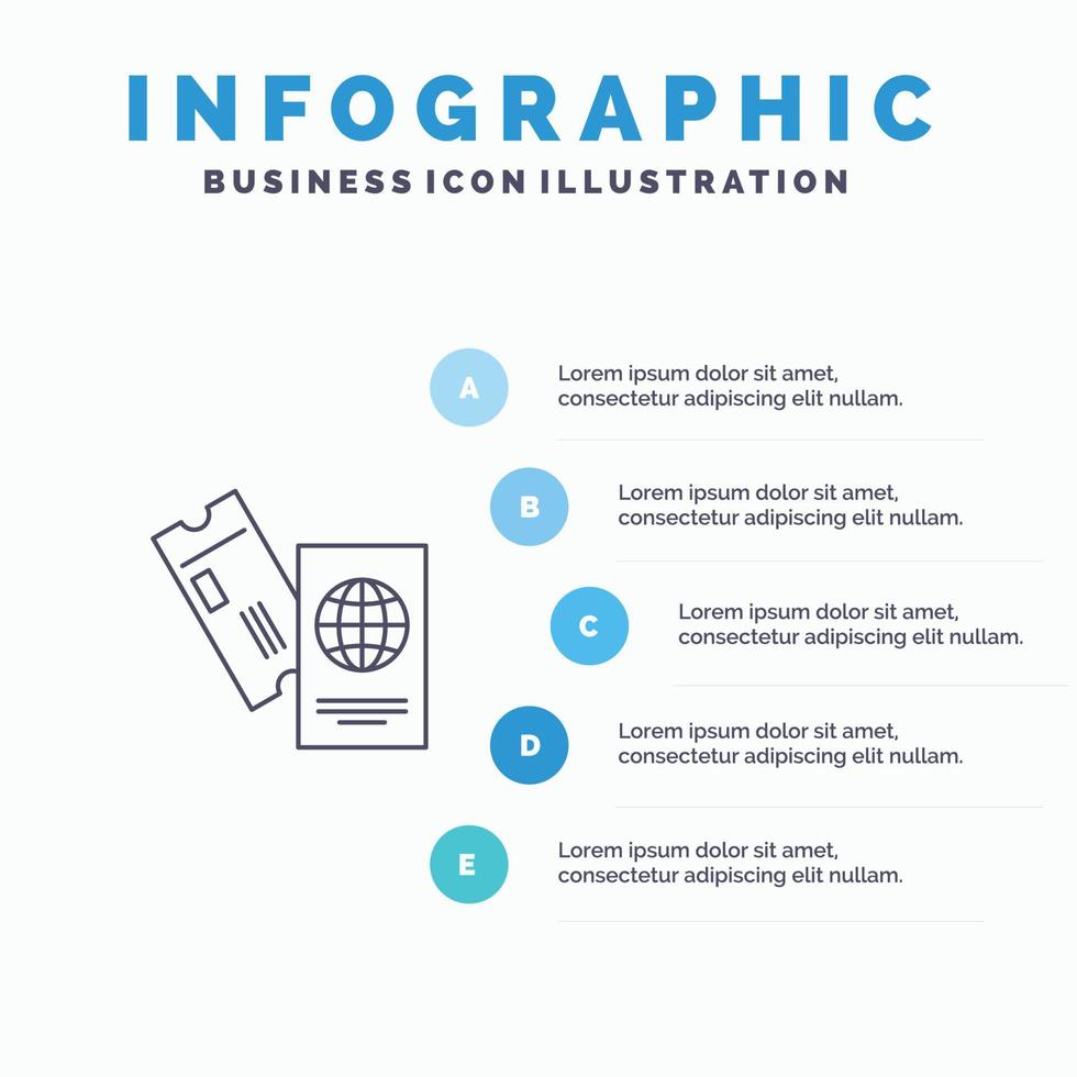 passaporto attività commerciale Biglietti viaggio vacanza linea icona con 5 passaggi presentazione infografica backgroun vettore