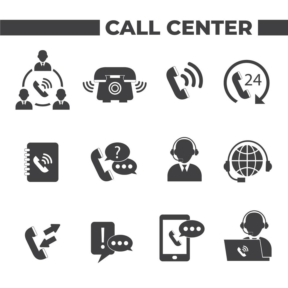 set di 12 icone di call center vettore