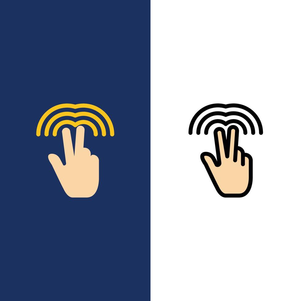 Doppio gesti mano linguetta icone piatto e linea pieno icona impostato vettore blu sfondo
