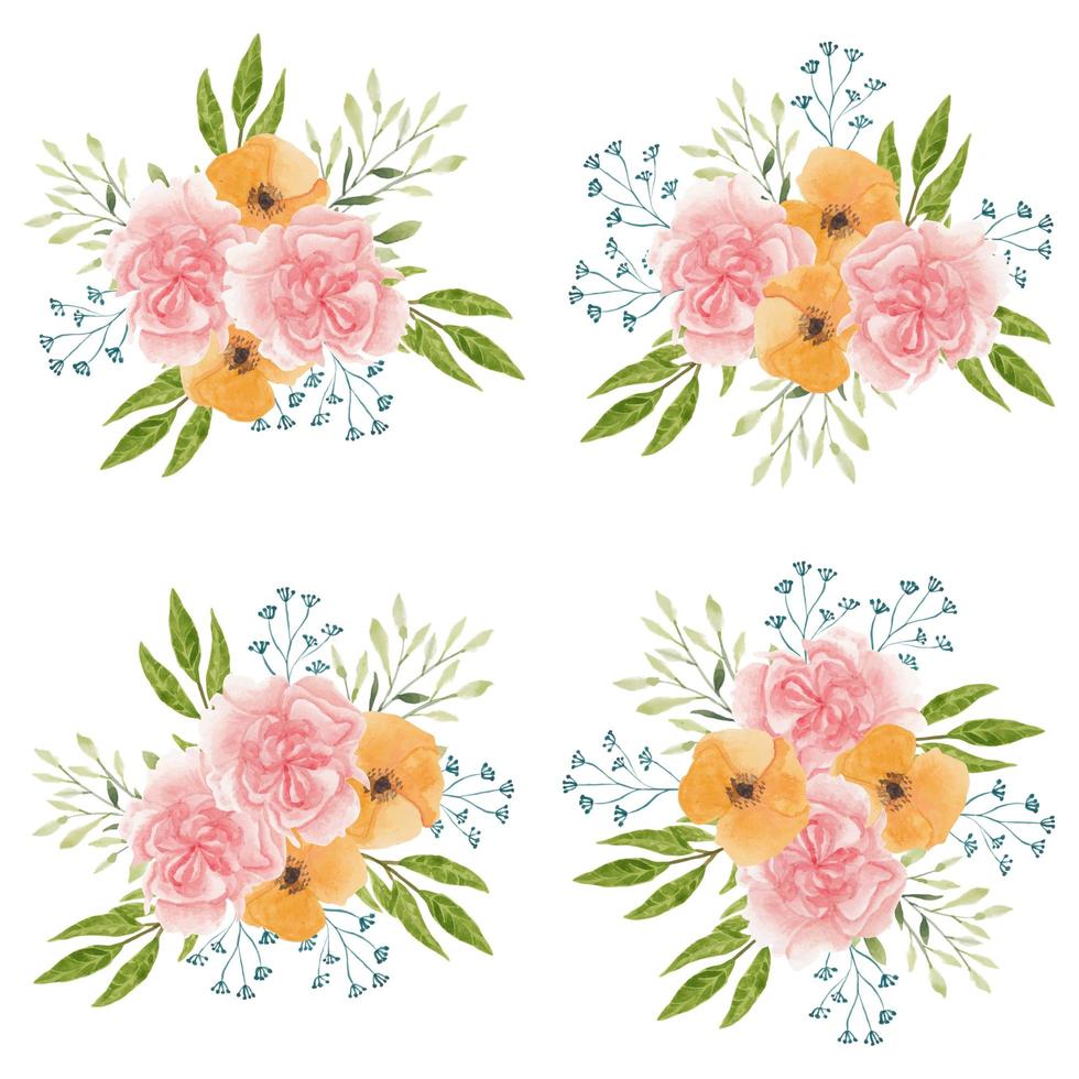 bellissimo set di bouquet di fiori di garofano dell'acquerello vettore