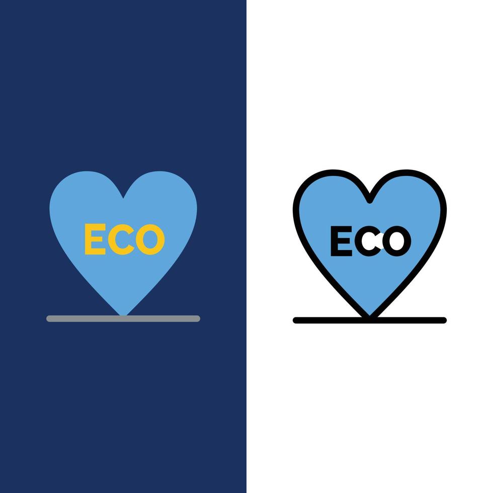 eco cuore amore ambiente icone piatto e linea pieno icona impostato vettore blu sfondo