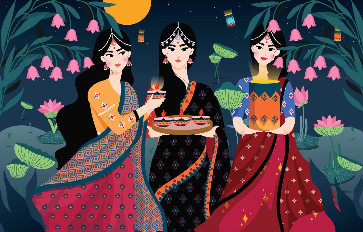 tre donne che celebrano il diwali di notte vettore