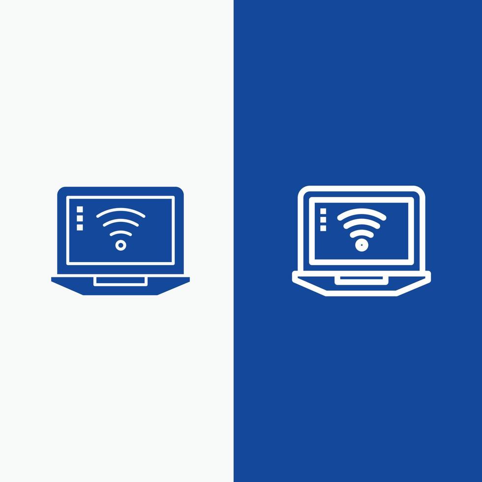 il computer portatile computer segnale Wi-Fi linea e glifo solido icona blu bandiera vettore