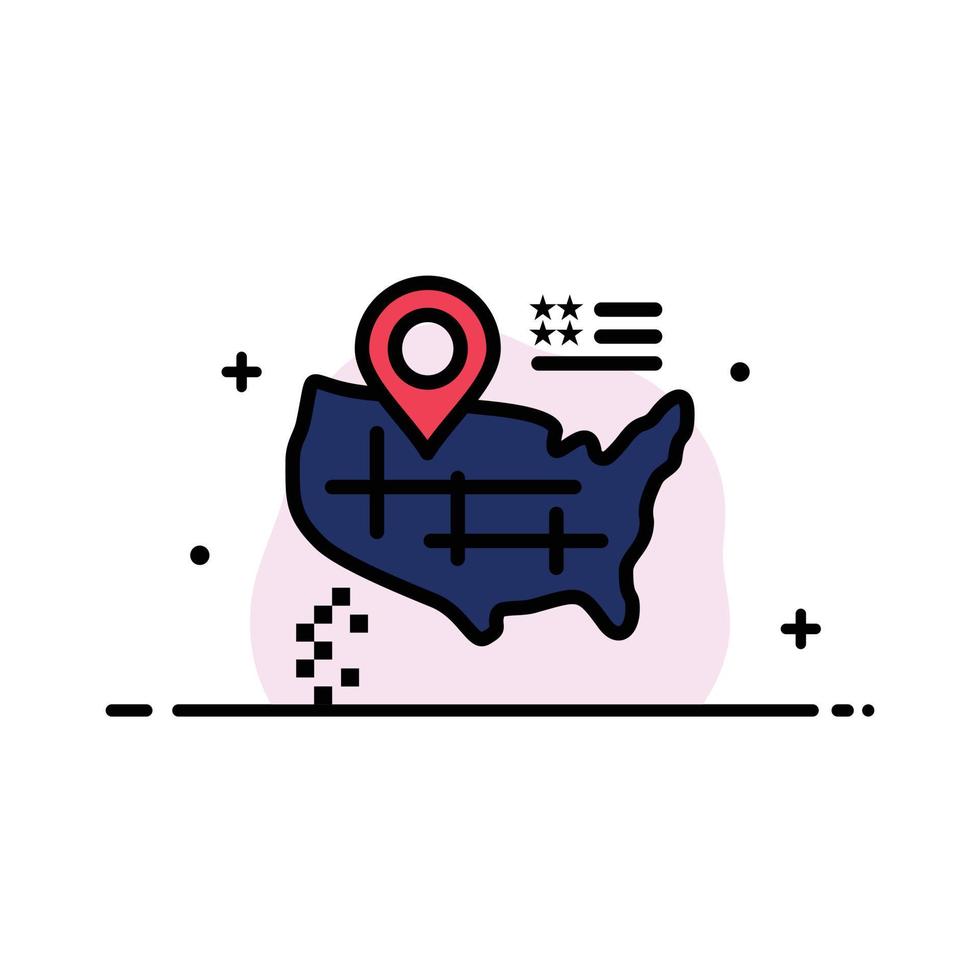 Posizione carta geografica americano attività commerciale piatto linea pieno icona vettore bandiera modello