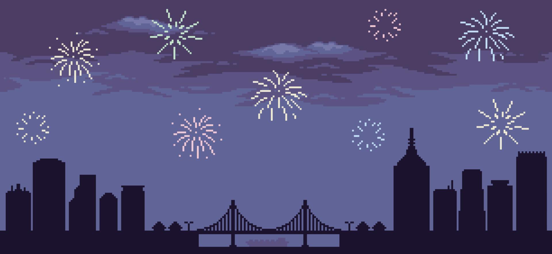 pixel arte notte città paesaggio con fuochi d'artificio, minimalista città sfondo per 8 bit gioco vettore