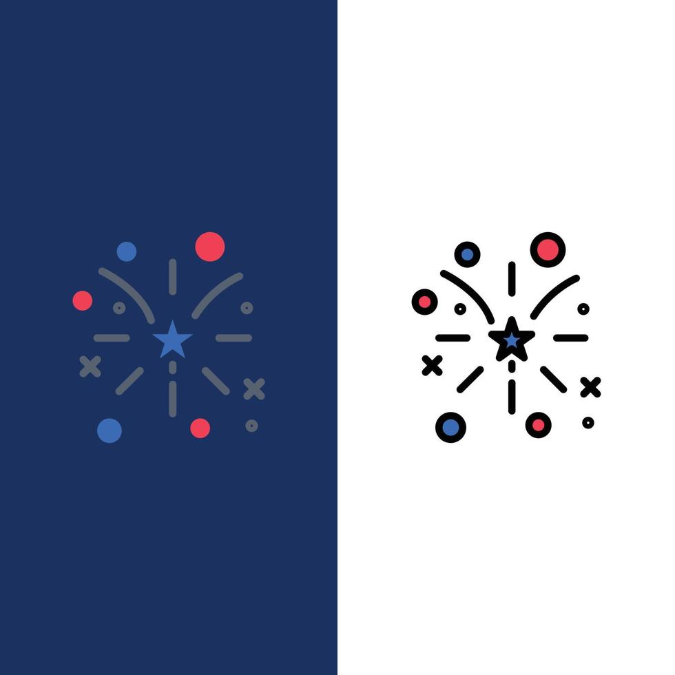 fuoco d'artificio fuoco americano Stati Uniti d'America icone piatto e linea pieno icona impostato vettore blu sfondo