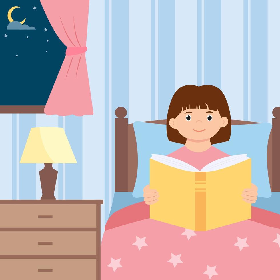 carino ragazza seduta nel letto e lettura di andare a dormire storia. notte lettura. figli di libro illustrazione. vettore
