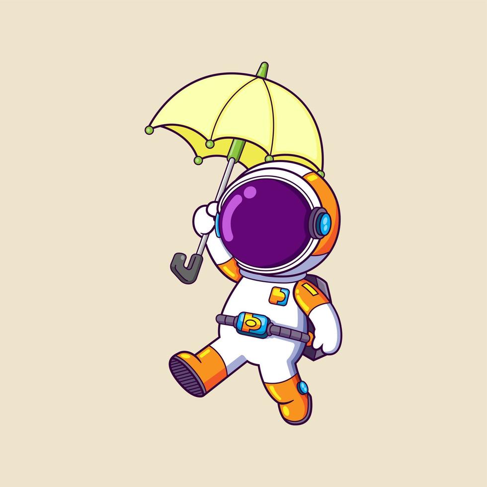 il contento astronauta è danza e Tenere il ombrello sotto il grande piovoso vettore