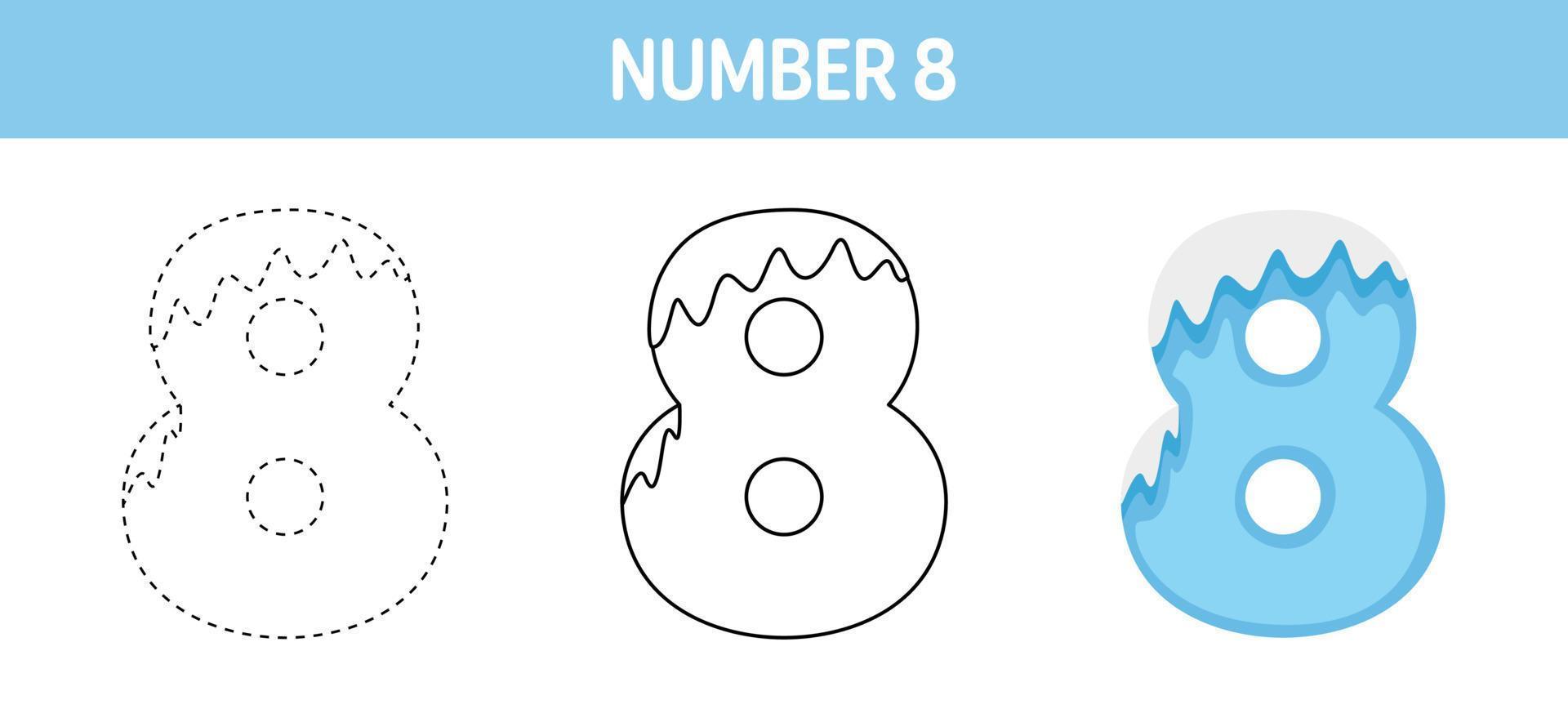 numero 8 neve tracciato e colorazione foglio di lavoro per bambini vettore