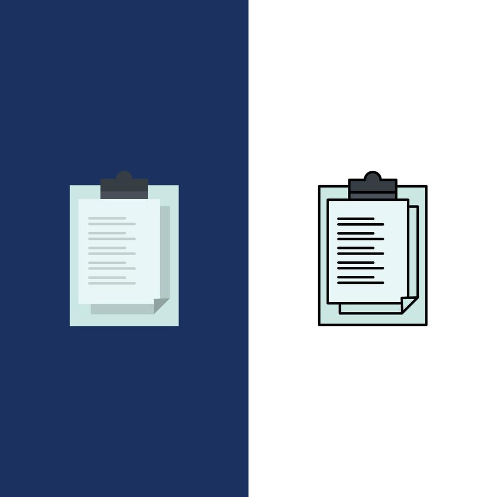 bloc notes rapporto carta risultato presentazione icone piatto e linea pieno icona impostato vettore blu sfondo