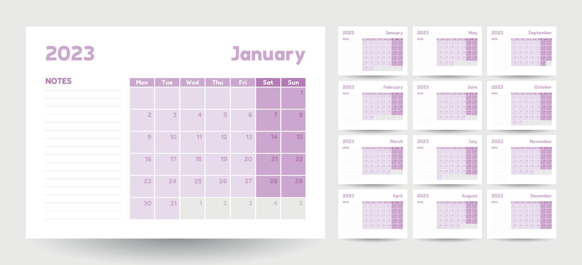 mensile calendario modello per 2023 anno, parete calendario nel un' minimalista stile con pastello viola colori vettore