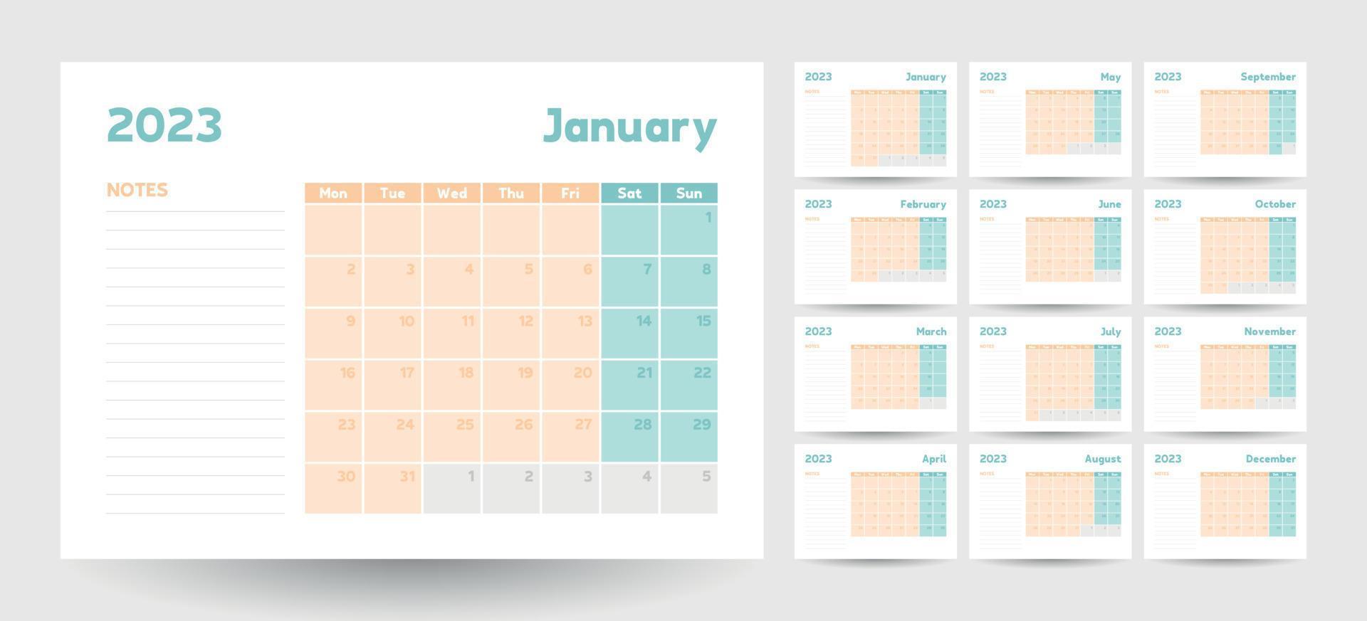 mensile calendario modello per 2023 anno, parete calendario nel un' minimalista stile con pastello vario colori, arancia e verde vettore