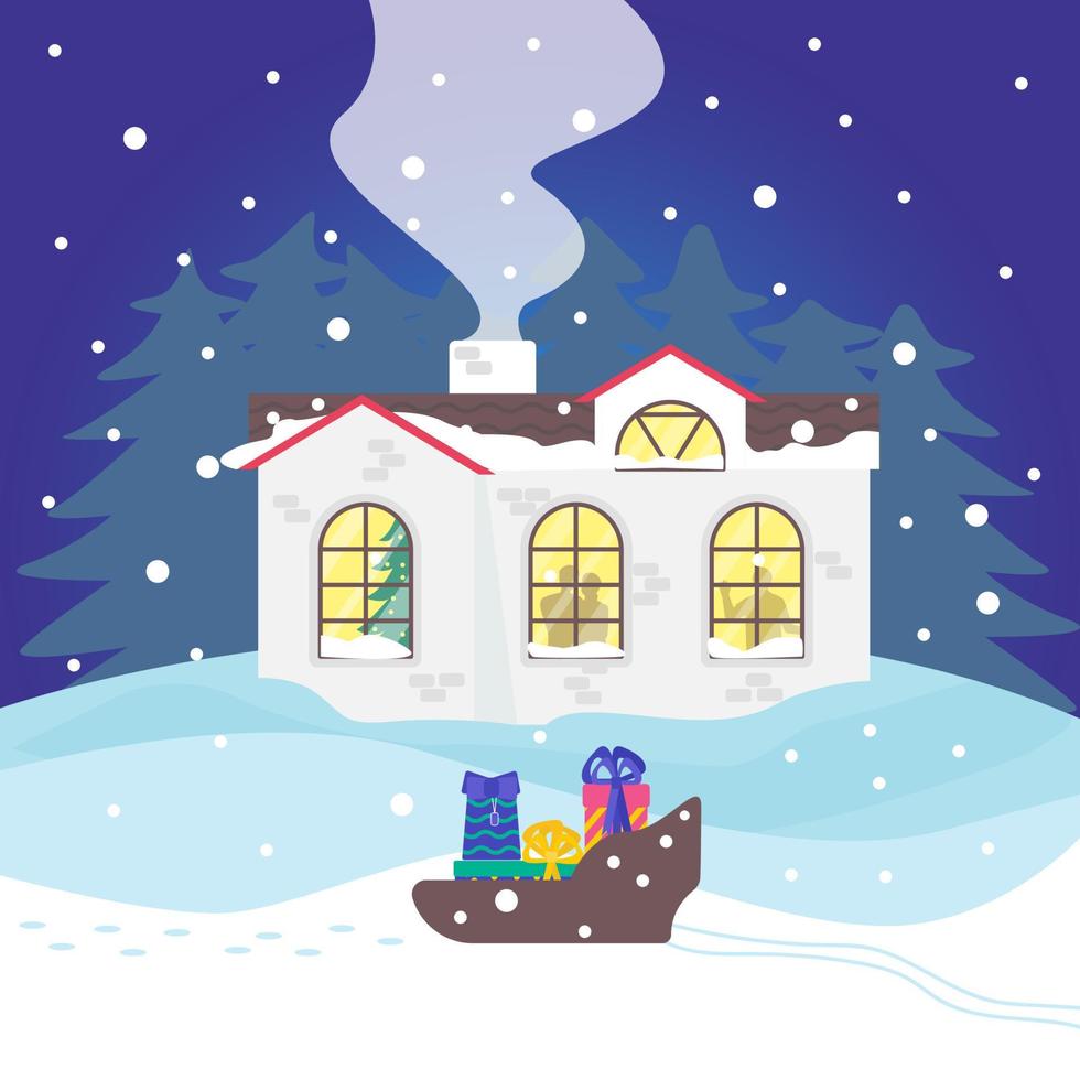 inverno paesaggio con Casa pieno di persone a Natale notte. slitta con i regali nel davanti di costruzione. impronte su neve. piatto vettore illustrazione.