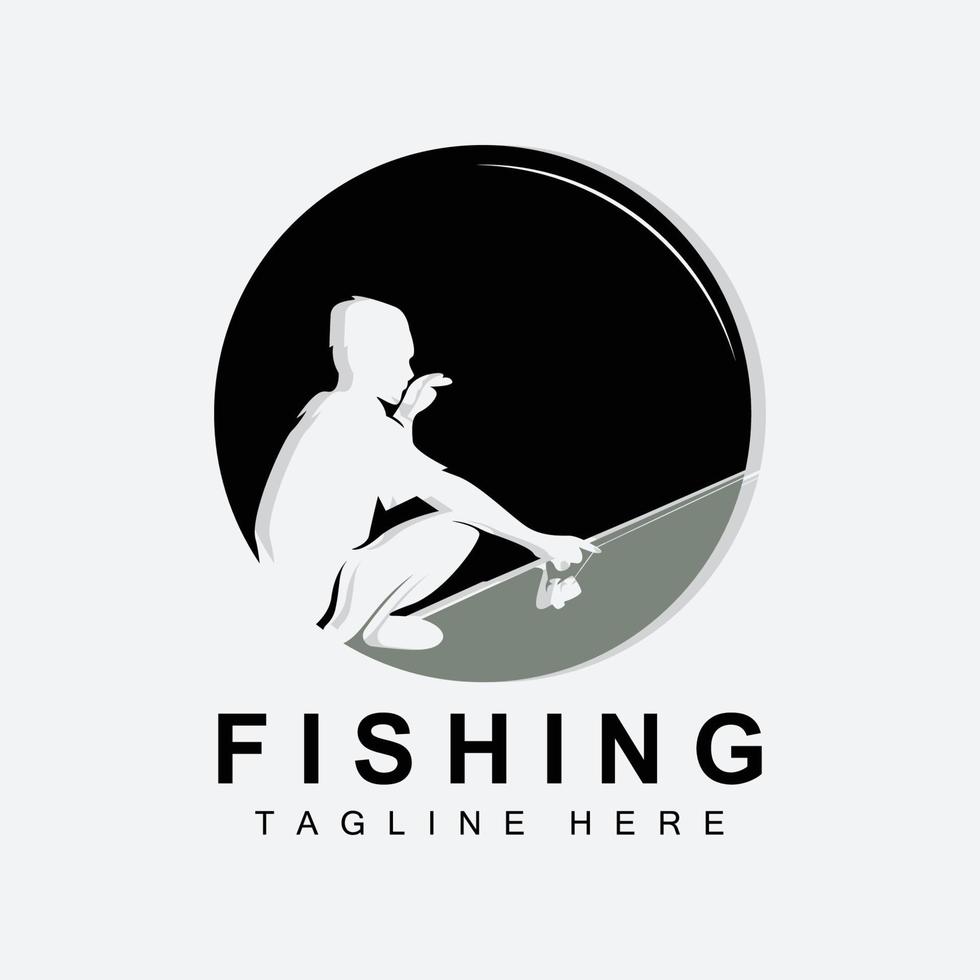 vettore icona logo pesca, pescare pesce sulla barca, design silhouette tramonto all'aperto