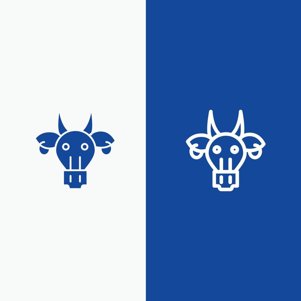 ornamento animali Toro indiano cranio linea e glifo solido icona blu bandiera linea e glifo solido icona vettore