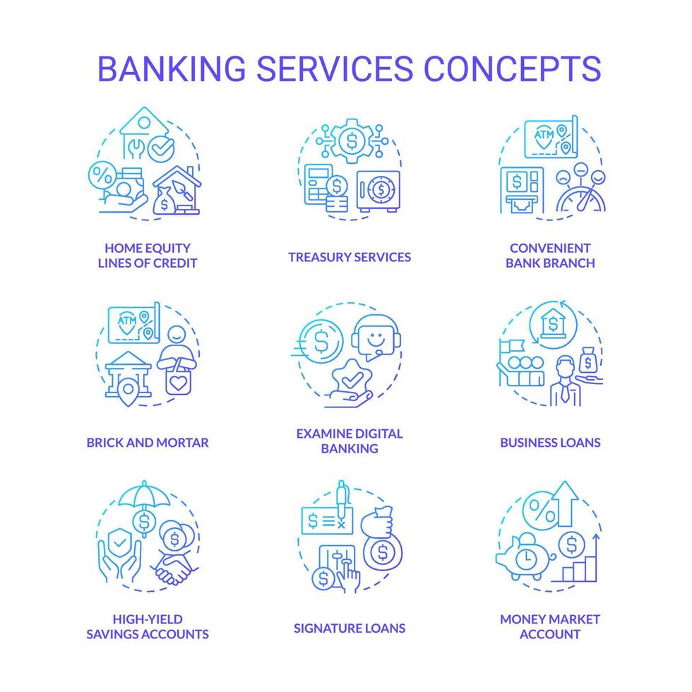 bancario Servizi blu pendenza concetto icone impostare. finanziario operazioni sistema. i soldi protezione idea magro linea colore illustrazioni. isolato simboli. vettore