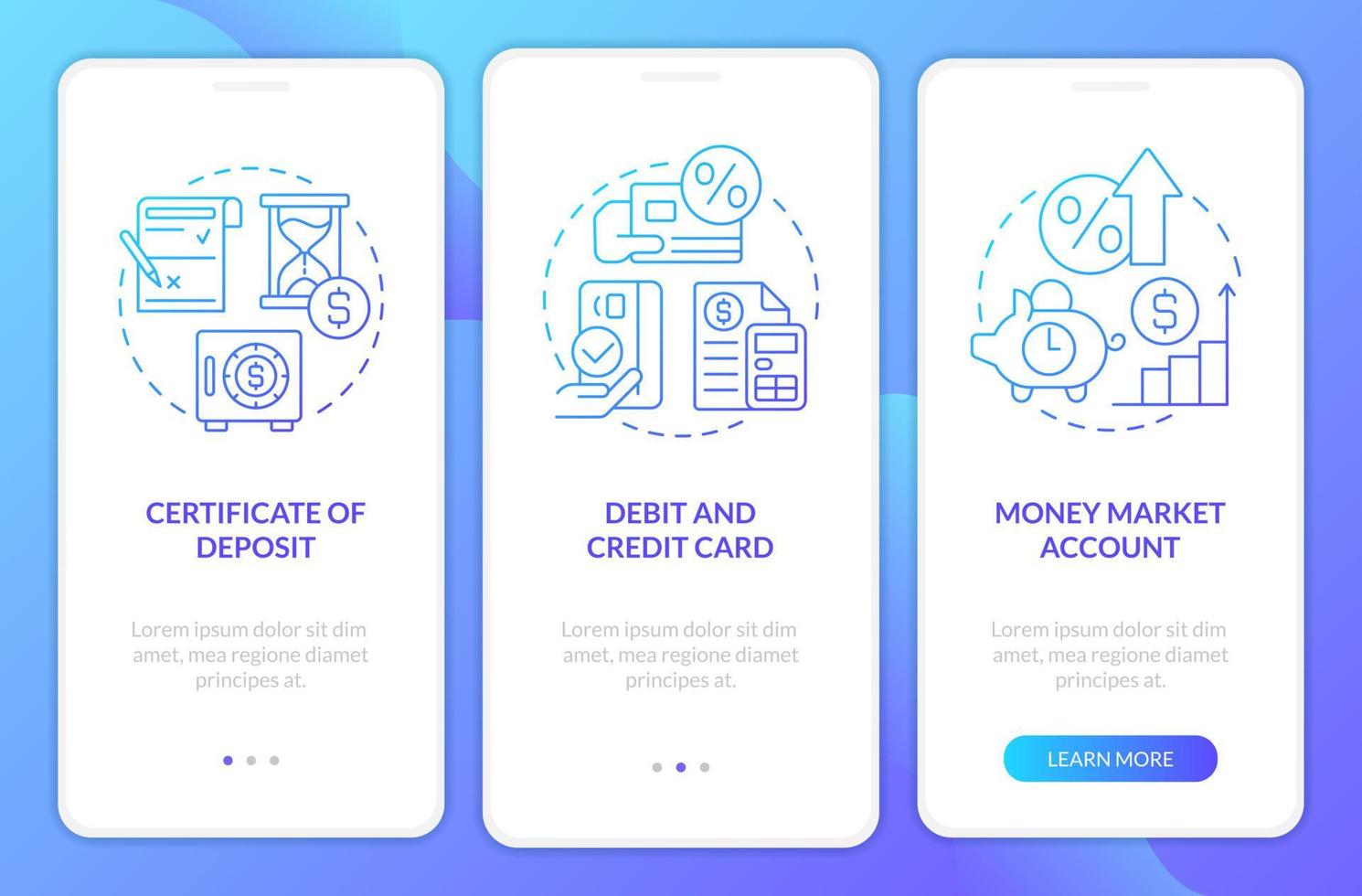 bancario prodotti blu pendenza onboarding mobile App schermo. finanza Procedura dettagliata 3 passaggi grafico Istruzioni con lineare concetti. ui, ux, gui modello. vettore