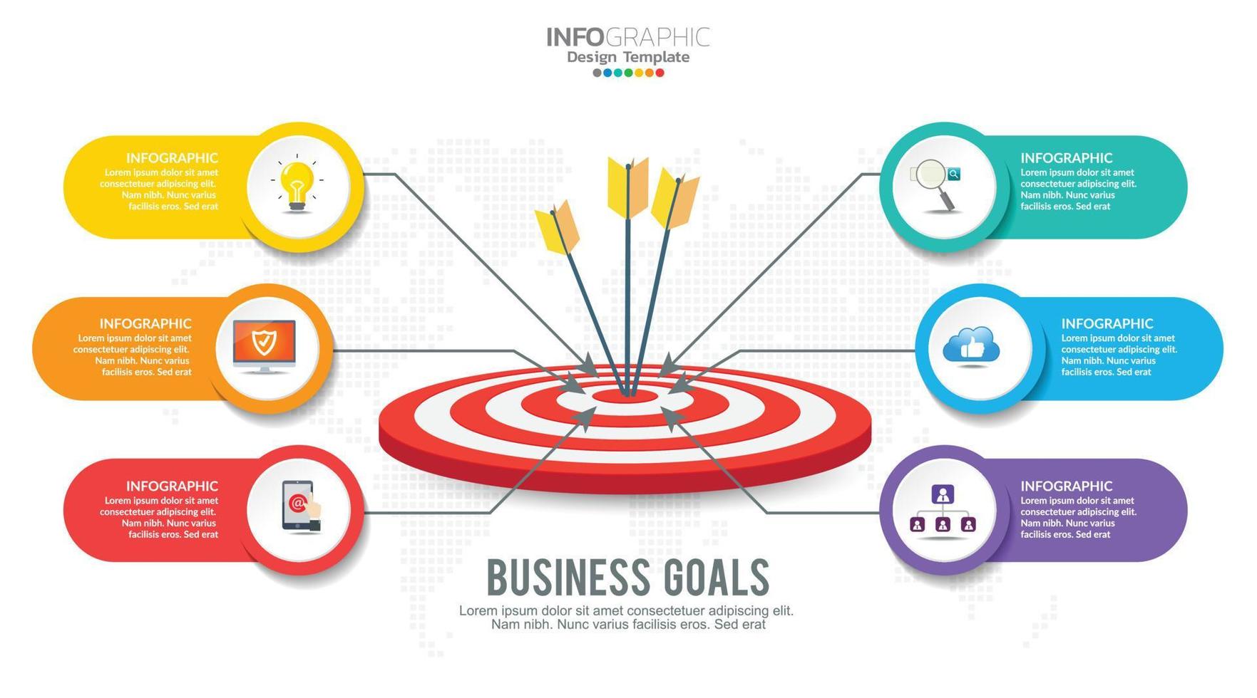 bersaglio con sei passaggi per il tuo obbiettivo Infografica modello per ragnatela, attività commerciale, presentazioni. vettore