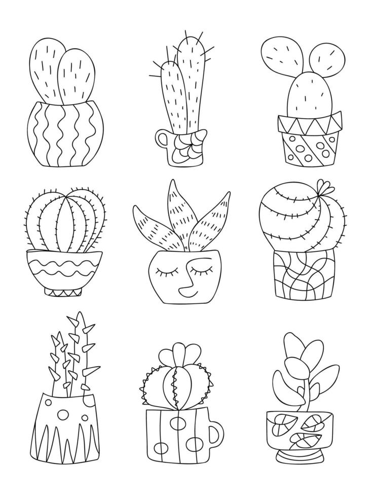 cactus succulente nel pentole impostare. carino scarabocchio semplice mano disegnato casa impianti. zentangle fantasia vasi di fiori. divertente bambini design asilo arredamento tessile casa interno. Casa giardinaggio. vettore illustrazione.