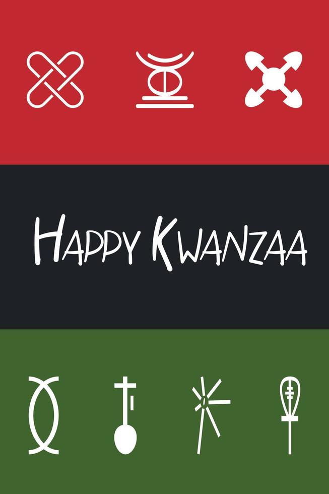 contento Kwanzaa saluto carta con africano kwanza bandiera - rosso, Nero, verde decorato con Sette i principi di Kwanzaa icone. carino verticale manifesto per africano americano eredità celebrazione vacanza vettore