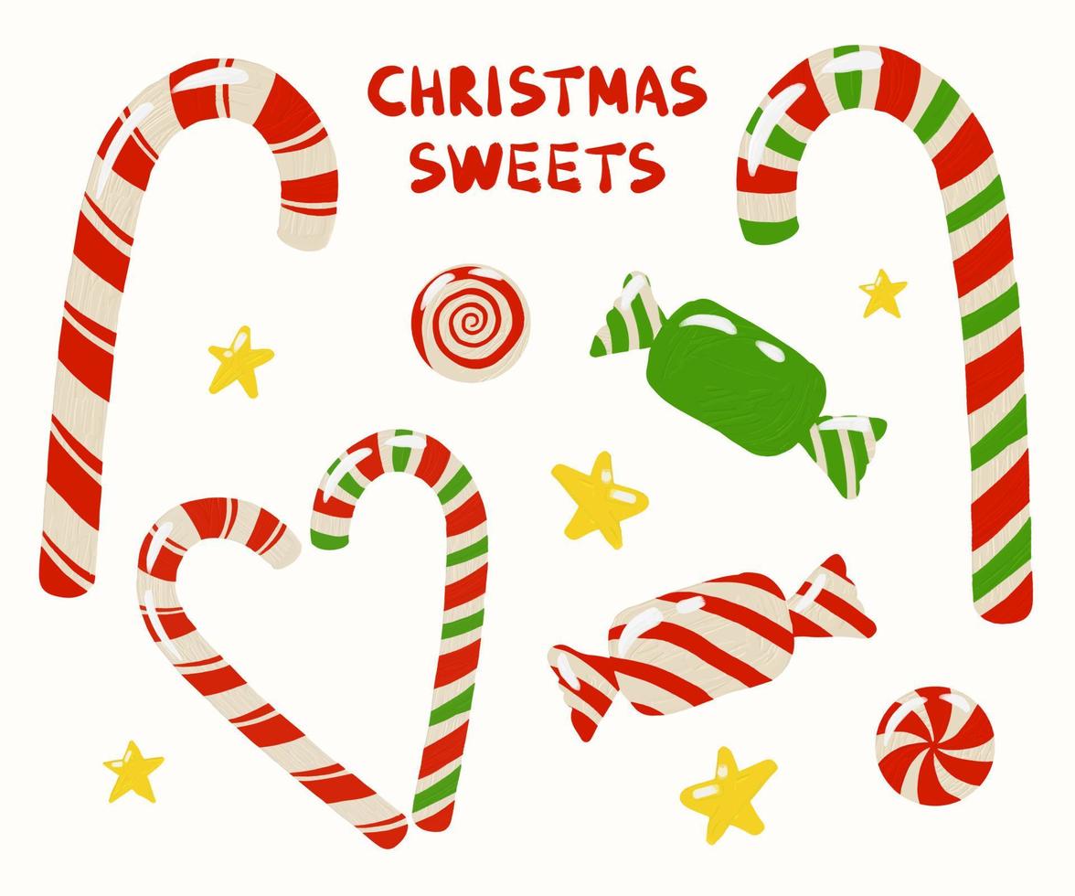 Natale dolci e caramelle mano disegnato illustrazioni. varietà di caramelle icone con olio vernici struttura. natale impostato vettore